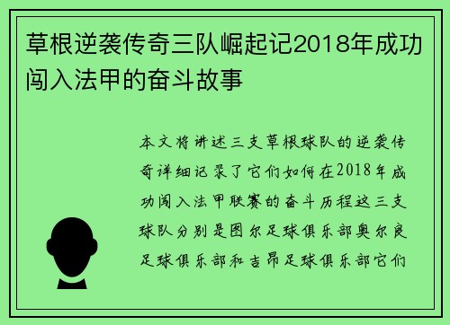 草根逆袭传奇三队崛起记2018年成功闯入法甲的奋斗故事