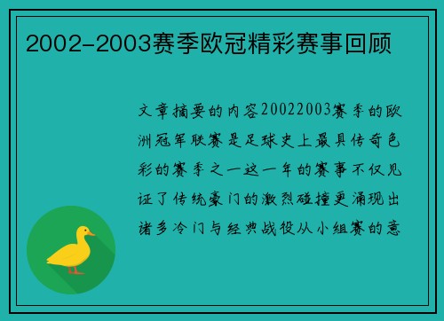 2002-2003赛季欧冠精彩赛事回顾