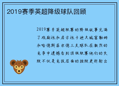 2019赛季英超降级球队回顾