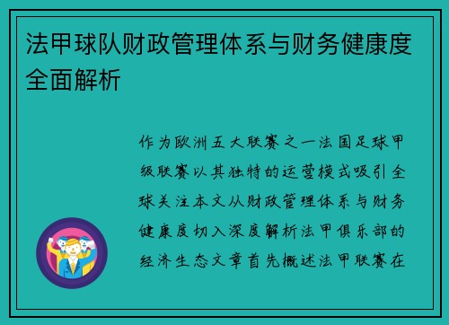 法甲球队财政管理体系与财务健康度全面解析