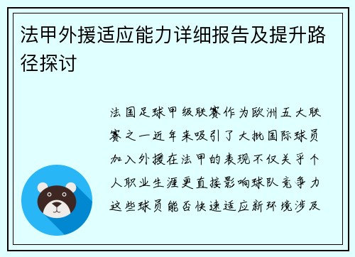 法甲外援适应能力详细报告及提升路径探讨